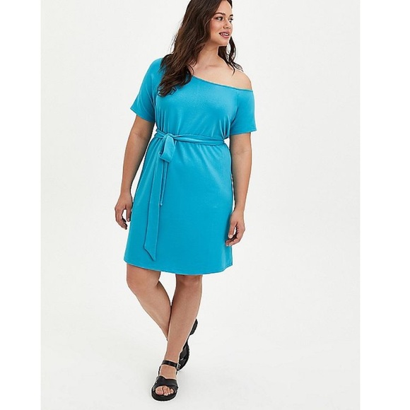 NEW TORRID OFF-SHOULDER T-SHIRT WRAP DRESS - FRENCH TERRY TEAL - Picture 3 of 6